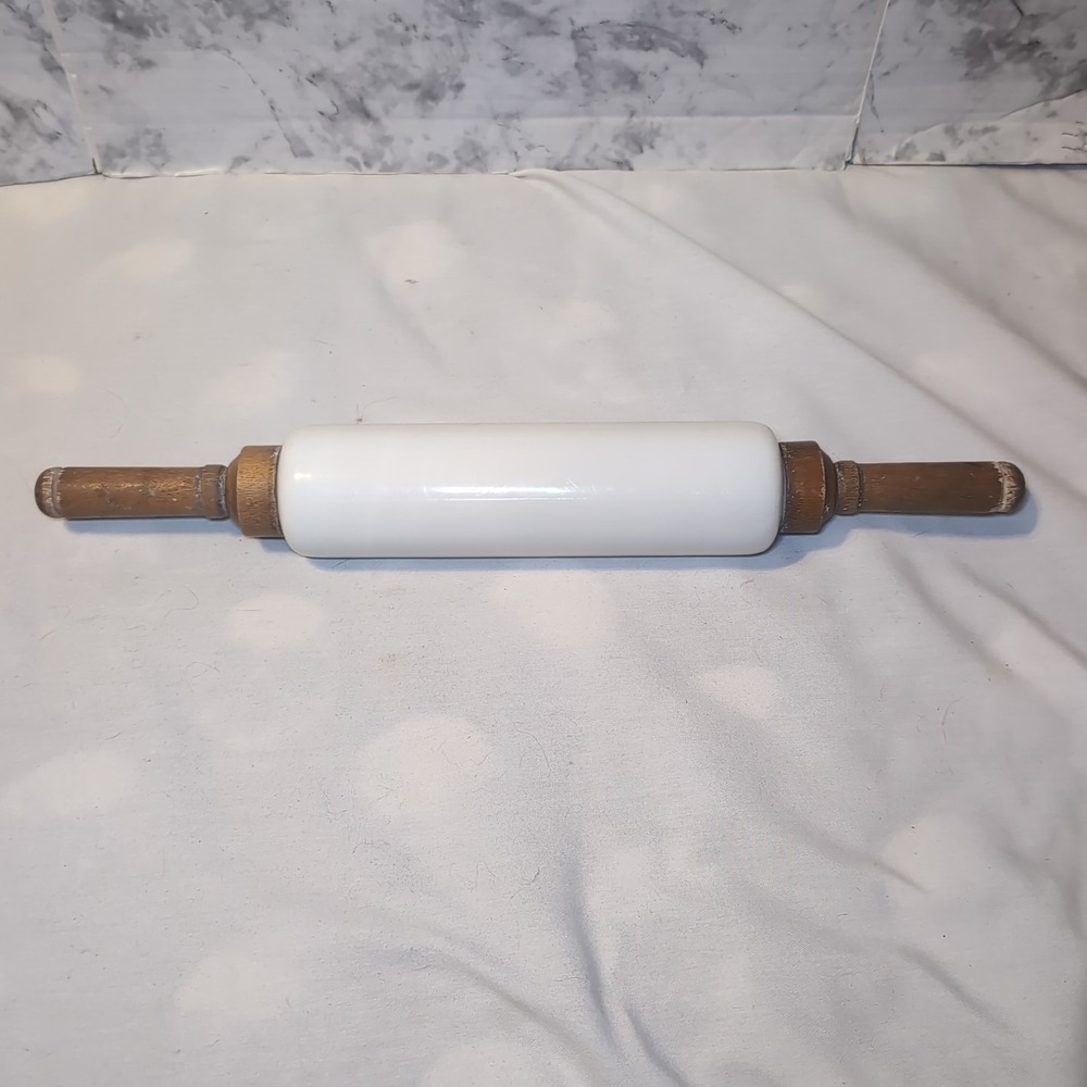 Antique Milk Glass Rolling Pin/ Maple Handles Imperial 1921 Ohio USA Kitchen